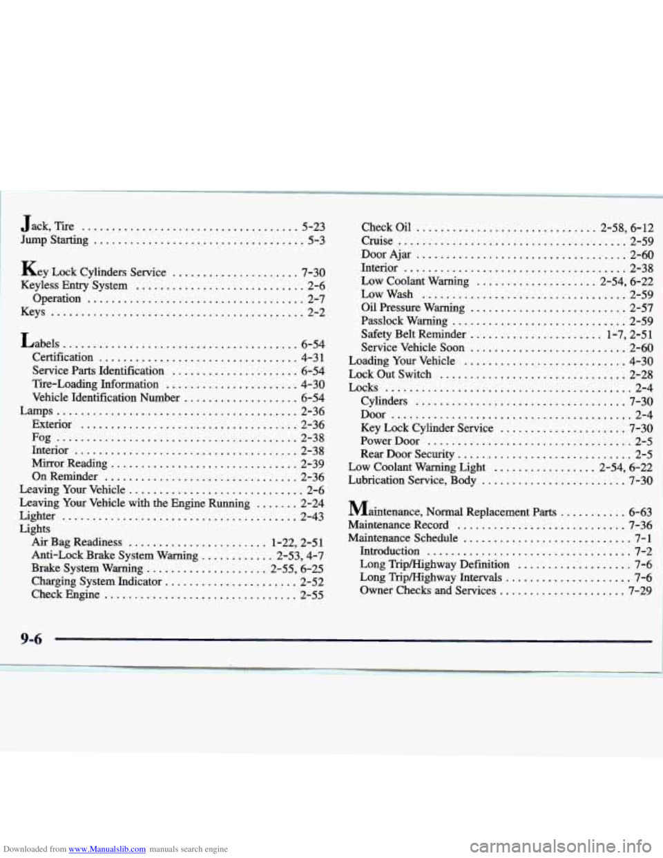 CHEVROLET MALIBU 1998  Owners Manual Downloaded from www.Manualslib.com manuals search engine Jack Tire .................................... 5-23 
Jnmp S-g ................................... 5-3 
Key Lock Cyfidem service ...............