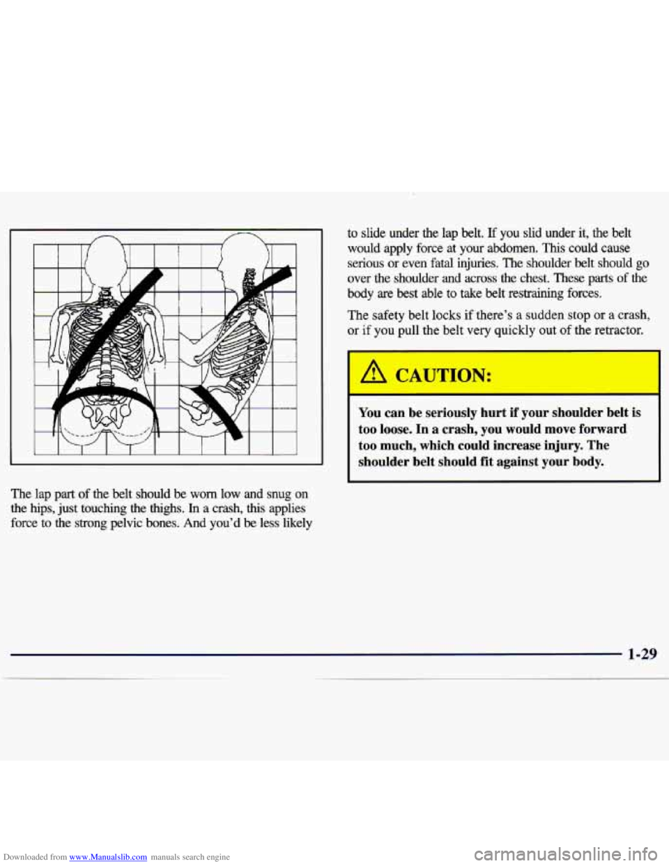 CHEVROLET MALIBU 1998  Owners Manual Downloaded from www.Manualslib.com manuals search engine The  lap  part of the  belt  should be worn low  and  snug  on 
the  hips,  just  touching  the  thighs. 
In a  crash, this applies 
force  to 