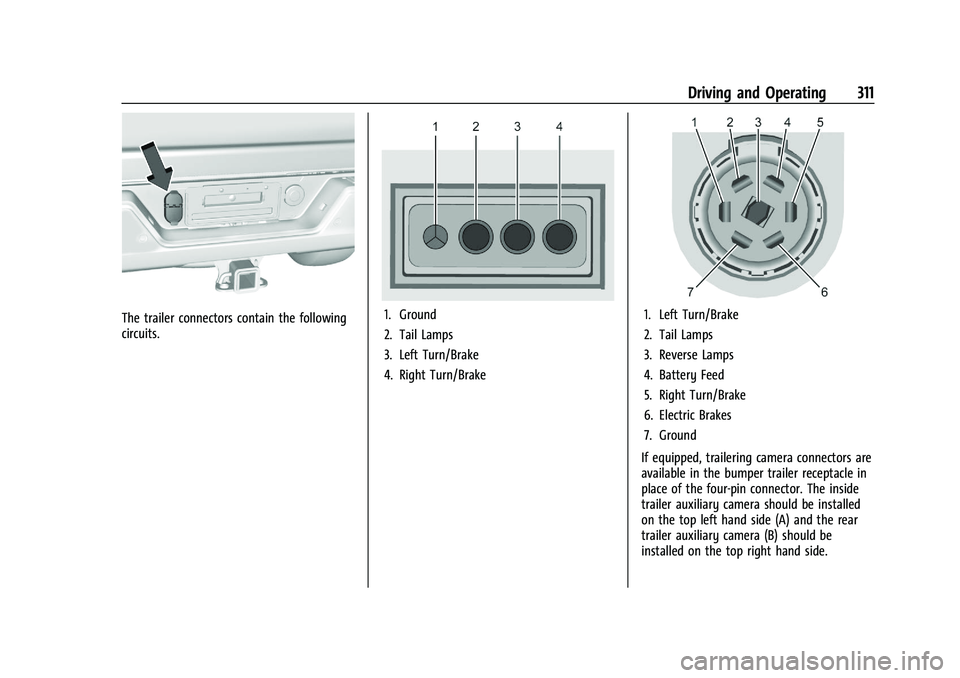 CHEVROLET SILVERADO 1500 2023  Owners Manual Chevrolet Silverado 1500 Owner Manual (GMNA-Localizing-U.S./Canada/
Mexico/Paraguay-16515119) - 2023 - CRC - 6/2/22
Driving and Operating 311
The trailer connectors contain the following
circuits.1. G