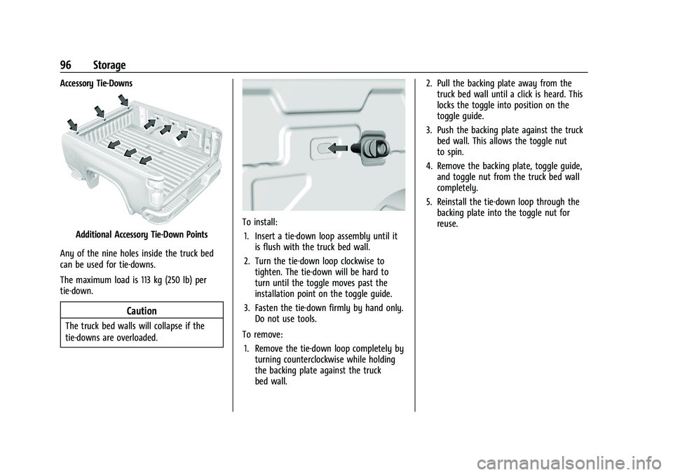 CHEVROLET SILVERADO 1500 2023  Owners Manual Chevrolet Silverado 1500 Owner Manual (GMNA-Localizing-U.S./Canada/
Mexico/Paraguay-16515119) - 2023 - CRC - 6/2/22
96 Storage
Accessory Tie-Downs
Additional Accessory Tie-Down Points
Any of the nine 