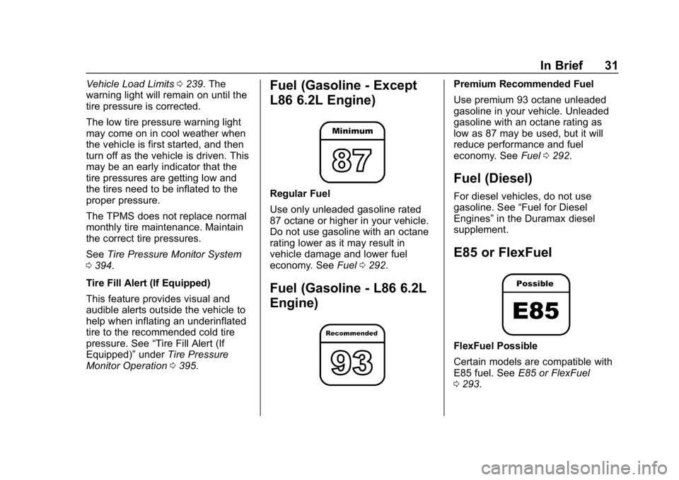 CHEVROLET SILVERADO 1500 Z71 2018 Owners Manual Chevrolet Silverado Owner Manual (GMNA-Localizing-U.S./Canada/Mexico-
11349200) - 2018 - CRC - 2/27/18
In Brief 31
Vehicle Load Limits0239. The
warning light will remain on until the
tire pressure is CHEVROLET SILVERADO 1500 Z71 2018 Owners Manual Chevrolet Silverado Owner Manual (GMNA-Localizing-U.S./Canada/Mexico-
11349200) - 2018 - CRC - 2/27/18
In Brief 31
Vehicle Load Limits0239. The
warning light will remain on until the
tire pressure is