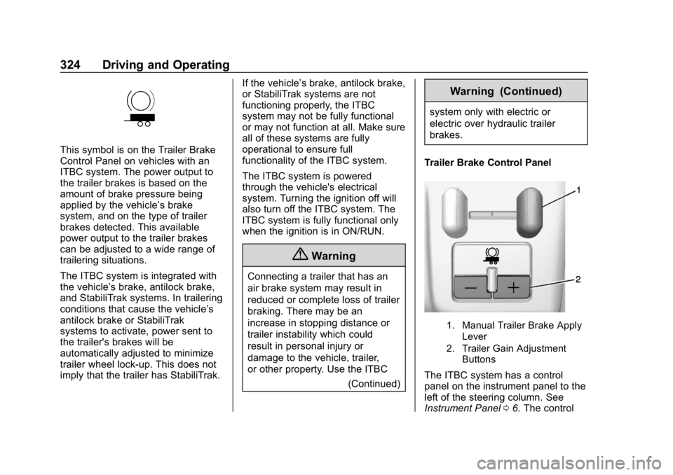 CHEVROLET SILVERADO 1500 Z71 2018 Owners Manual Chevrolet Silverado Owner Manual (GMNA-Localizing-U.S./Canada/Mexico-
11349200) - 2018 - CRC - 2/27/18
324 Driving and Operating
This symbol is on the Trailer Brake
Control Panel on vehicles with an
I CHEVROLET SILVERADO 1500 Z71 2018 Owners Manual Chevrolet Silverado Owner Manual (GMNA-Localizing-U.S./Canada/Mexico-
11349200) - 2018 - CRC - 2/27/18
324 Driving and Operating
This symbol is on the Trailer Brake
Control Panel on vehicles with an
I