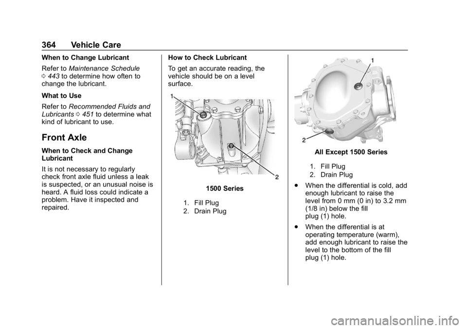 CHEVROLET SILVERADO 1500 Z71 2018 Owners Manual Chevrolet Silverado Owner Manual (GMNA-Localizing-U.S./Canada/Mexico-
11349200) - 2018 - CRC - 2/27/18
364 Vehicle Care
When to Change Lubricant
Refer toMaintenance Schedule
0 443 to determine how oft CHEVROLET SILVERADO 1500 Z71 2018 Owners Manual Chevrolet Silverado Owner Manual (GMNA-Localizing-U.S./Canada/Mexico-
11349200) - 2018 - CRC - 2/27/18
364 Vehicle Care
When to Change Lubricant
Refer toMaintenance Schedule
0 443 to determine how oft