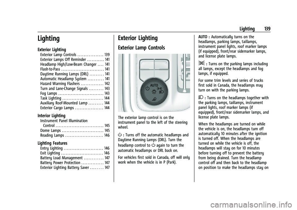 CHEVROLET SILVERADO 2500 2022 Owners Manual Chevrolet Silverado 2500 HD/3500 HD Owner Manual (GMNA-Localizing-U.
S./Canada/Mexico-15546003) - 2022 - CRC - 5/5/21
Lighting 139
Lighting
Exterior Lighting
Exterior Lamp Controls . . . . . . . . . . CHEVROLET SILVERADO 2500 2022 Owners Manual Chevrolet Silverado 2500 HD/3500 HD Owner Manual (GMNA-Localizing-U.
S./Canada/Mexico-15546003) - 2022 - CRC - 5/5/21
Lighting 139
Lighting
Exterior Lighting
Exterior Lamp Controls . . . . . . . . . .