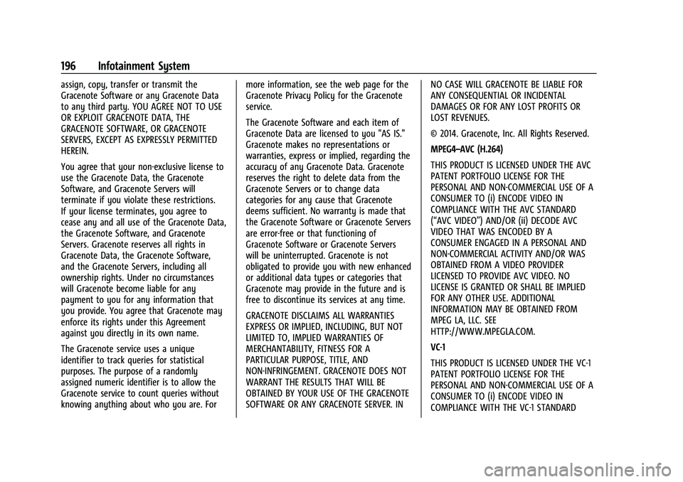 CHEVROLET SILVERADO 2500 2022 Owners Manual Chevrolet Silverado 2500 HD/3500 HD Owner Manual (GMNA-Localizing-U.
S./Canada/Mexico-15546003) - 2022 - CRC - 5/5/21
196 Infotainment System
assign, copy, transfer or transmit the
Gracenote Software CHEVROLET SILVERADO 2500 2022 Owners Manual Chevrolet Silverado 2500 HD/3500 HD Owner Manual (GMNA-Localizing-U.
S./Canada/Mexico-15546003) - 2022 - CRC - 5/5/21
196 Infotainment System
assign, copy, transfer or transmit the
Gracenote Software