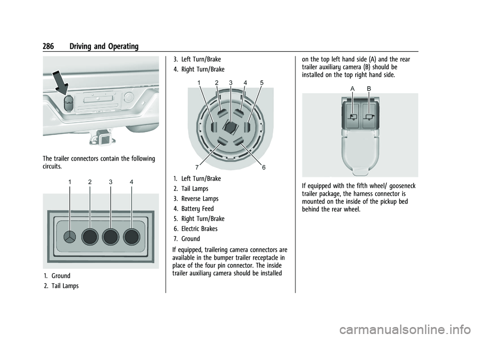 CHEVROLET SILVERADO 2500 2022  Owners Manual Chevrolet Silverado 2500 HD/3500 HD Owner Manual (GMNA-Localizing-U.
S./Canada/Mexico-15546003) - 2022 - CRC - 5/5/21
286 Driving and Operating
The trailer connectors contain the following
circuits.
1