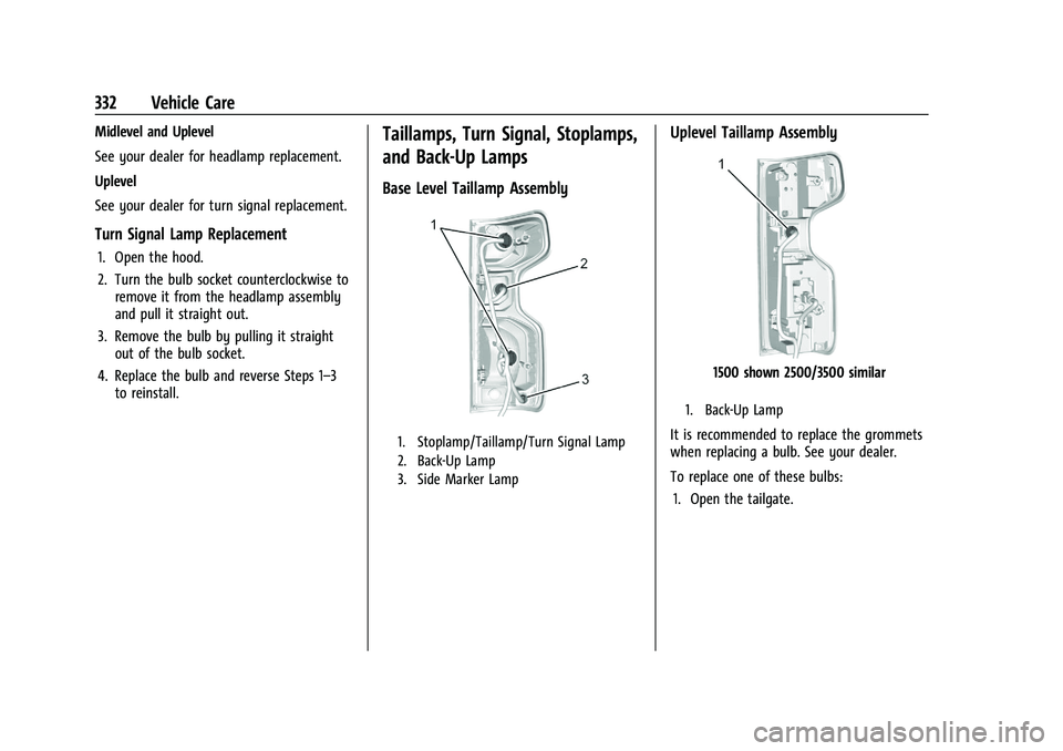 CHEVROLET SILVERADO 2500 2022  Owners Manual Chevrolet Silverado 2500 HD/3500 HD Owner Manual (GMNA-Localizing-U.
S./Canada/Mexico-15546003) - 2022 - CRC - 5/5/21
332 Vehicle Care
Midlevel and Uplevel
See your dealer for headlamp replacement.
Up
