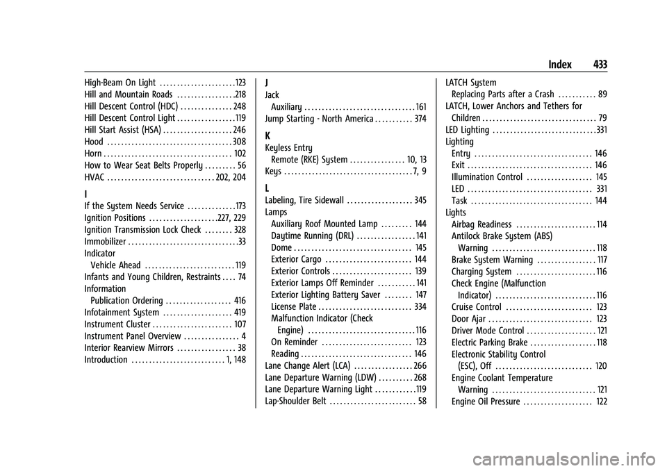 CHEVROLET SILVERADO 2500 2022  Owners Manual Chevrolet Silverado 2500 HD/3500 HD Owner Manual (GMNA-Localizing-U.
S./Canada/Mexico-15546003) - 2022 - CRC - 5/5/21
Index 433
High-Beam On Light . . . . . . . . . . . . . . . . . . . . . . 123
Hill 
