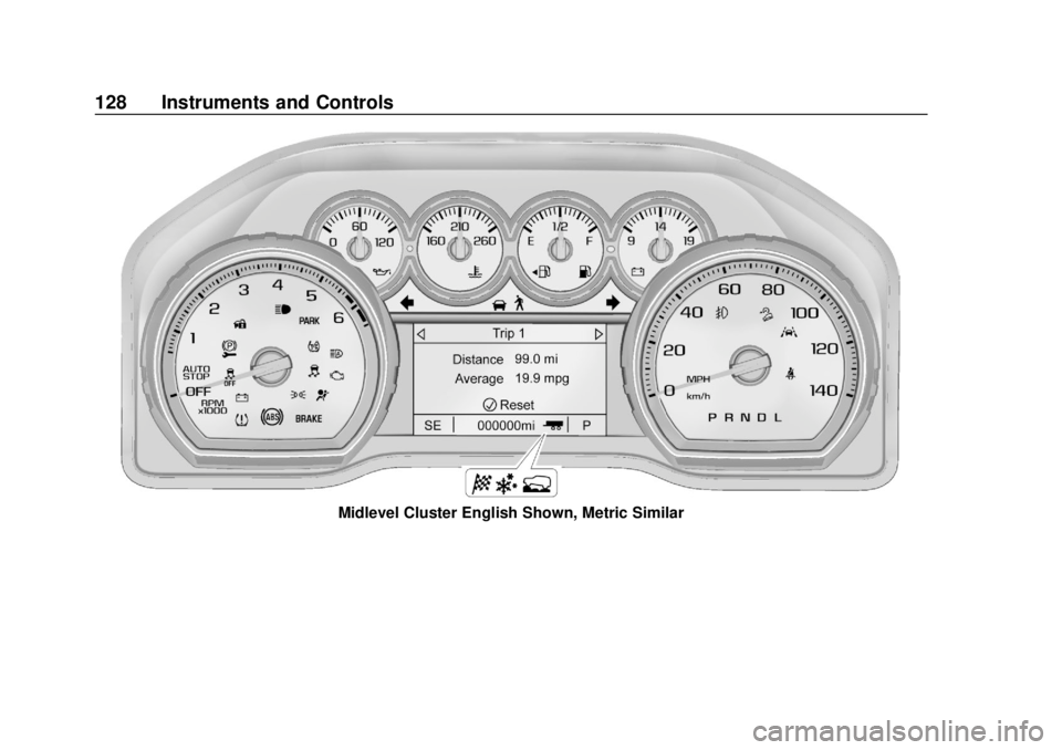 CHEVROLET SILVERADO 2500 2020  Owners Manual Chevrolet Silverado Owner Manual (GMNA-Localizing-U.S./Canada/Mexico-
13337620) - 2020 - CRC - 4/2/19
128 Instruments and Controls
Midlevel Cluster English Shown, Metric Similar 
