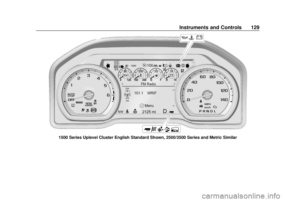 CHEVROLET SILVERADO 2500 2020  Owners Manual Chevrolet Silverado Owner Manual (GMNA-Localizing-U.S./Canada/Mexico-
13337620) - 2020 - CRC - 4/2/19
Instruments and Controls 129
1500 Series Uplevel Cluster English Standard Shown, 2500/3500 Series 