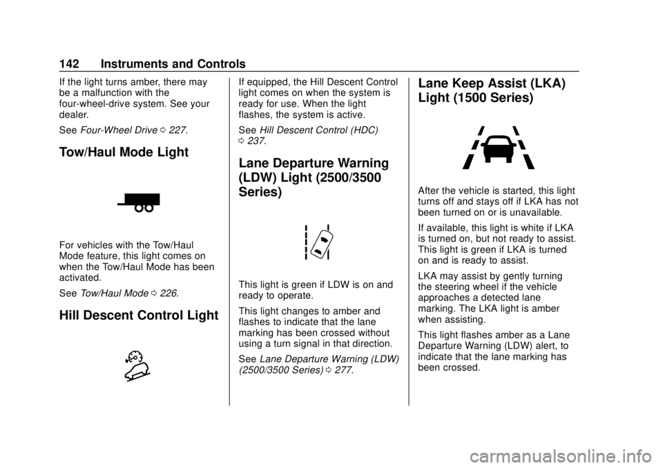 CHEVROLET SILVERADO 2500 2020  Owners Manual Chevrolet Silverado Owner Manual (GMNA-Localizing-U.S./Canada/Mexico-
13337620) - 2020 - CRC - 4/2/19
142 Instruments and Controls
If the light turns amber, there may
be a malfunction with the
four-wh