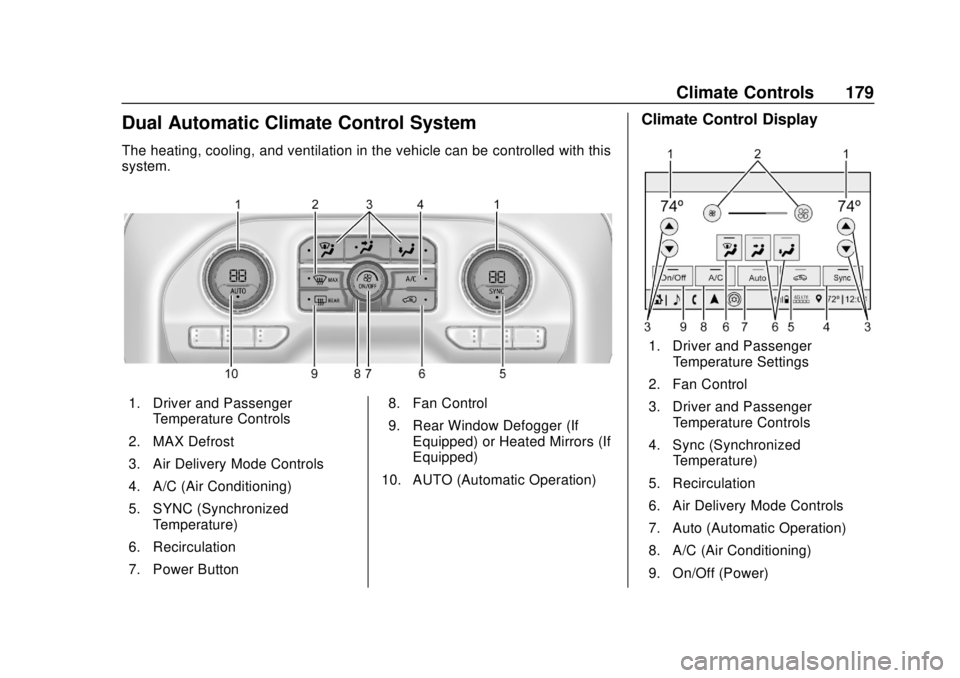 CHEVROLET SILVERADO 2500 2020  Owners Manual Chevrolet Silverado Owner Manual (GMNA-Localizing-U.S./Canada/Mexico-
13337620) - 2020 - CRC - 4/2/19
Climate Controls 179
Dual Automatic Climate Control System
The heating, cooling, and ventilation i