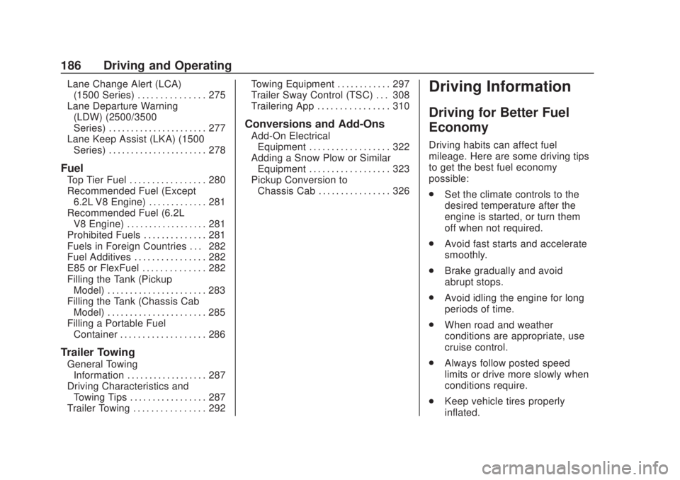 CHEVROLET SILVERADO 2500 2020  Owners Manual Chevrolet Silverado Owner Manual (GMNA-Localizing-U.S./Canada/Mexico-
13337620) - 2020 - CRC - 4/11/19
186 Driving and Operating
Lane Change Alert (LCA)(1500 Series) . . . . . . . . . . . . . . . 275
