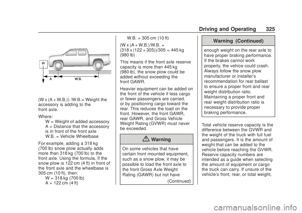 CHEVROLET SILVERADO 2500 2020  Owners Manual Chevrolet Silverado Owner Manual (GMNA-Localizing-U.S./Canada/Mexico-
13337620) - 2020 - CRC - 4/11/19
Driving and Operating 325
(W x (A + W.B.)) /W.B.= Weight the
accessory is adding to the
front axl