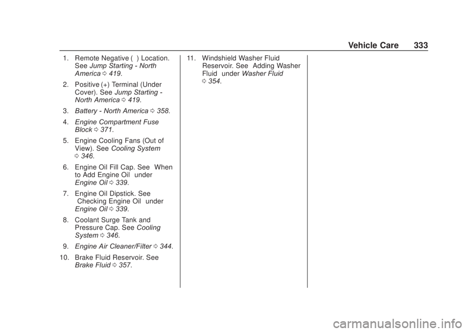 CHEVROLET SILVERADO 2500 2020  Owners Manual Chevrolet Silverado Owner Manual (GMNA-Localizing-U.S./Canada/Mexico-
13337620) - 2020 - CRC - 4/10/19
Vehicle Care 333
1. Remote Negative (–) Location.See Jump Starting - North
America 0419.
2. Pos