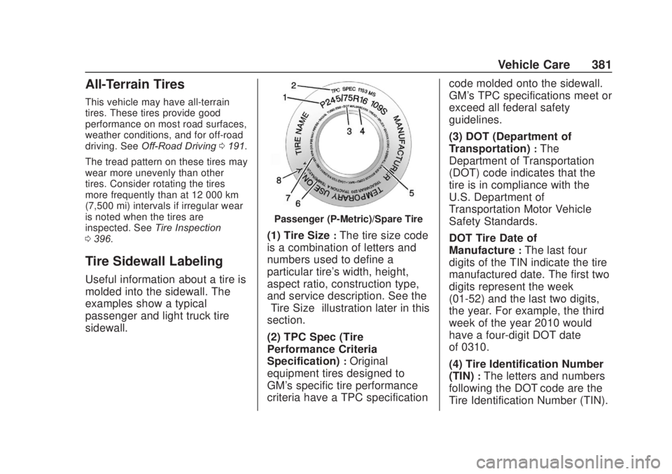 CHEVROLET SILVERADO 2500 2020  Owners Manual Chevrolet Silverado Owner Manual (GMNA-Localizing-U.S./Canada/Mexico-
13337620) - 2020 - CRC - 4/10/19
Vehicle Care 381
All-Terrain Tires
This vehicle may have all-terrain
tires. These tires provide g