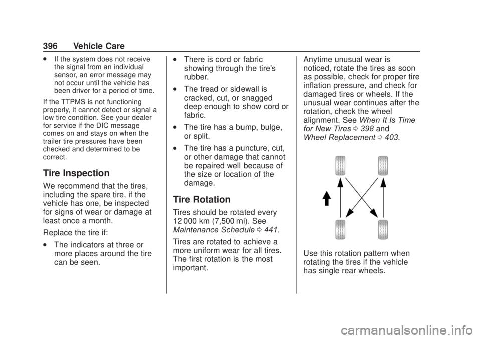 CHEVROLET SILVERADO 2500 2020  Owners Manual Chevrolet Silverado Owner Manual (GMNA-Localizing-U.S./Canada/Mexico-
13337620) - 2020 - CRC - 4/10/19
396 Vehicle Care
.If the system does not receive
the signal from an individual
sensor, an error m