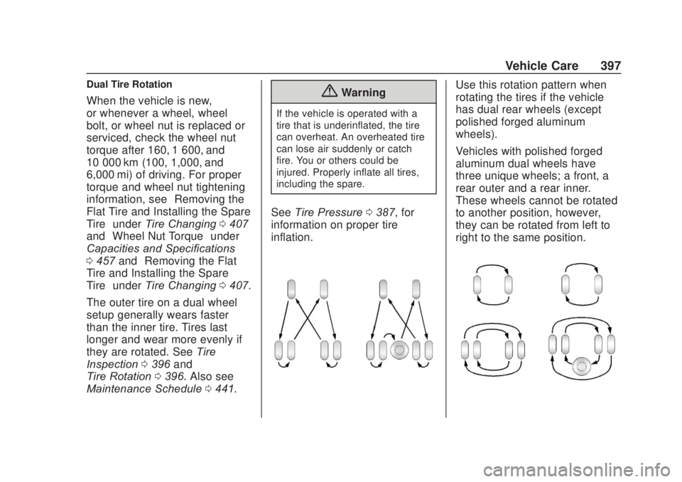 CHEVROLET SILVERADO 2500 2020  Owners Manual Chevrolet Silverado Owner Manual (GMNA-Localizing-U.S./Canada/Mexico-
13337620) - 2020 - CRC - 4/10/19
Vehicle Care 397
Dual Tire Rotation
When the vehicle is new,
or whenever a wheel, wheel
bolt, or 