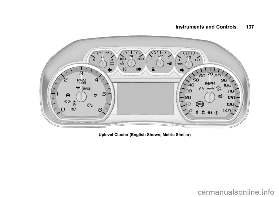 CHEVROLET SILVERADO 2500 2018  Owners Manual Chevrolet Silverado LD 1500 and Silverado 2500/3500 Owner Manual (GMNA-
Localizing-U.S./Canada-12162993) - 2019 - crc - 4/4/18
Instruments and Controls 137
Uplevel Cluster (English Shown, Metric Simil
