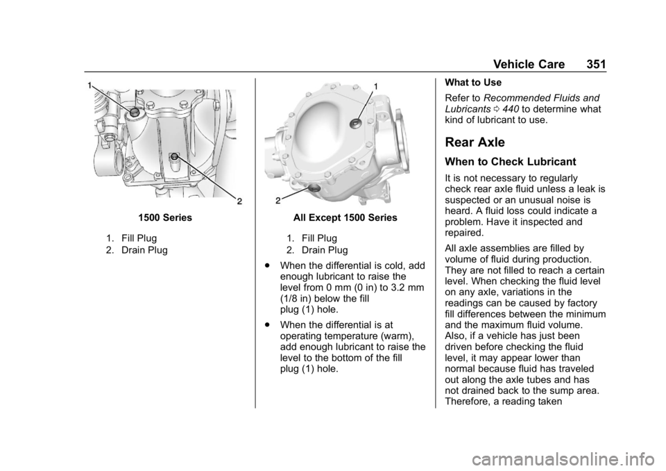 CHEVROLET SILVERADO 3500 2019 Owners Manual Chevrolet Silverado LD 1500 and Silverado 2500/3500 Owner Manual (GMNA-
Localizing-U.S./Canada-12162993) - 2019 - crc - 4/4/18
Vehicle Care 351
1500 Series
1. Fill Plug
2. Drain Plug
All Except 1500 S CHEVROLET SILVERADO 3500 2019 Owners Manual Chevrolet Silverado LD 1500 and Silverado 2500/3500 Owner Manual (GMNA-
Localizing-U.S./Canada-12162993) - 2019 - crc - 4/4/18
Vehicle Care 351
1500 Series
1. Fill Plug
2. Drain Plug
All Except 1500 S