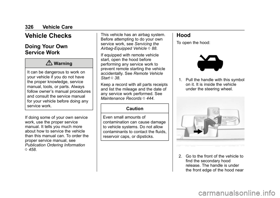 CHEVROLET SILVERADO 2500 2019  Owners Manual Chevrolet Silverado LD 1500 and Silverado 2500/3500 Owner Manual (GMNA-
Localizing-U.S./Canada-12162993) - 2019 - crc - 4/4/18
326 Vehicle Care
Vehicle Checks
Doing Your Own
Service Work
{Warning
It c