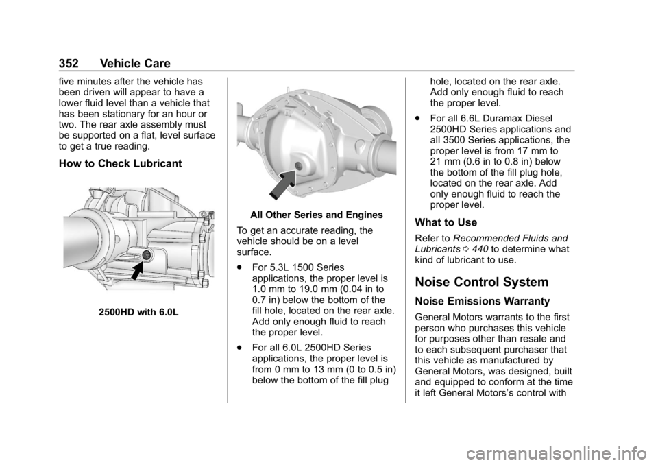 CHEVROLET SILVERADO 2500 2019 Owners Manual Chevrolet Silverado LD 1500 and Silverado 2500/3500 Owner Manual (GMNA-
Localizing-U.S./Canada-12162993) - 2019 - crc - 4/4/18
352 Vehicle Care
five minutes after the vehicle has
been driven will appe CHEVROLET SILVERADO 2500 2019 Owners Manual Chevrolet Silverado LD 1500 and Silverado 2500/3500 Owner Manual (GMNA-
Localizing-U.S./Canada-12162993) - 2019 - crc - 4/4/18
352 Vehicle Care
five minutes after the vehicle has
been driven will appe