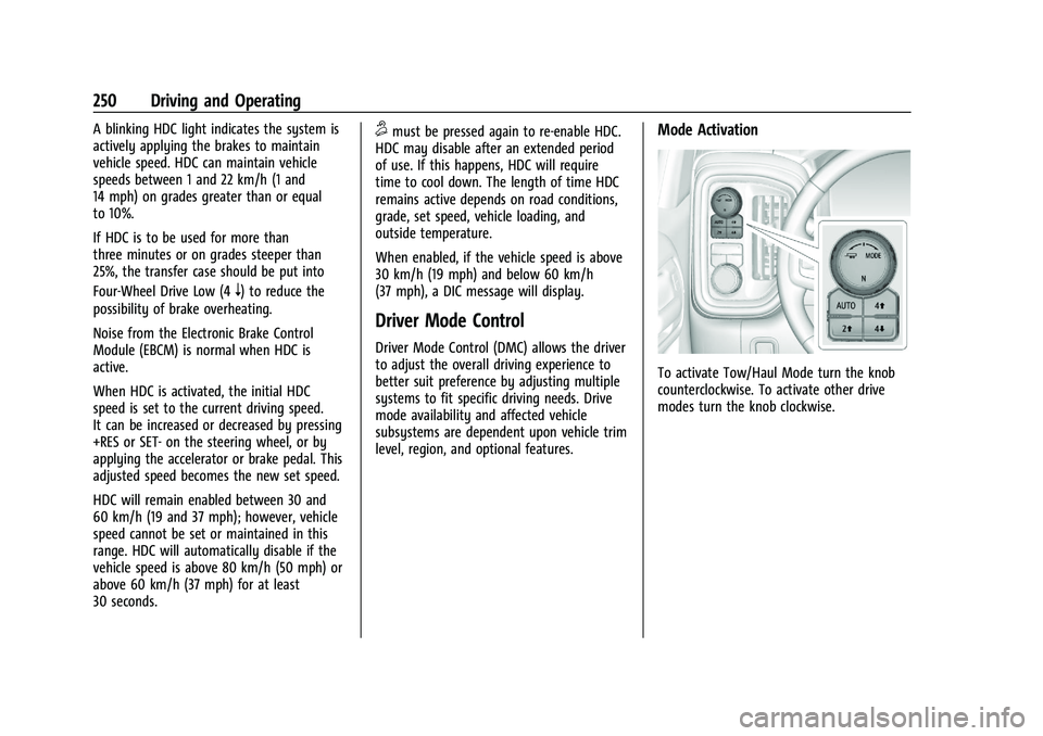 CHEVROLET SILVERADO 1500 2022  Owners Manual Chevrolet Silverado 1500 Owner Manual (GMNA-Localizing-U.S./Canada/
Mexico/Paraguay-14632303) - 2021 - CRC - 11/9/20
250 Driving and Operating
A blinking HDC light indicates the system is
actively app