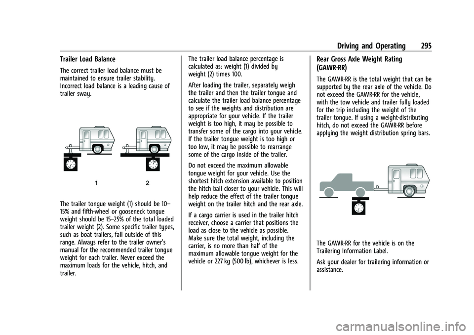 CHEVROLET SILVERADO 1500 2022  Owners Manual Chevrolet Silverado 1500 Owner Manual (GMNA-Localizing-U.S./Canada/
Mexico/Paraguay-14632303) - 2021 - CRC - 11/9/20
Driving and Operating 295
Trailer Load Balance
The correct trailer load balance mus