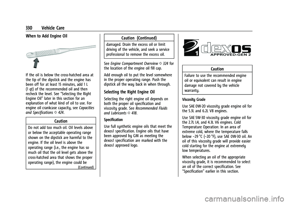 CHEVROLET SILVERADO 1500 2022  Owners Manual Chevrolet Silverado 1500 Owner Manual (GMNA-Localizing-U.S./Canada/
Mexico/Paraguay-14632303) - 2021 - CRC - 11/9/20
330 Vehicle Care
When to Add Engine Oil
If the oil is below the cross-hatched area 