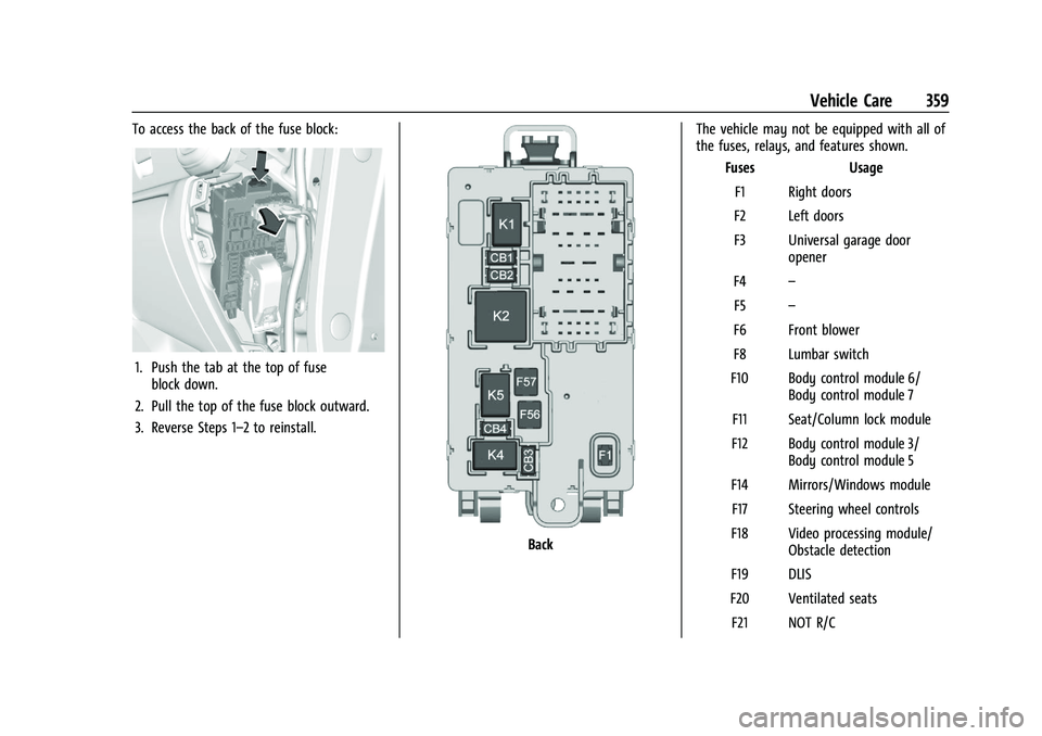 CHEVROLET SILVERADO 1500 2022  Owners Manual Chevrolet Silverado 1500 Owner Manual (GMNA-Localizing-U.S./Canada/
Mexico/Paraguay-14632303) - 2021 - CRC - 11/9/20
Vehicle Care 359
To access the back of the fuse block:
1. Push the tab at the top o