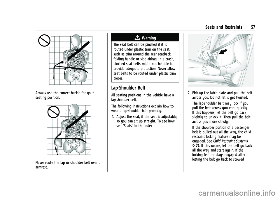 CHEVROLET SILVERADO 1500 2022  Owners Manual Chevrolet Silverado 1500 Owner Manual (GMNA-Localizing-U.S./Canada/
Mexico/Paraguay-14632303) - 2021 - CRC - 11/9/20
Seats and Restraints 57
Always use the correct buckle for your
seating position.
Ne