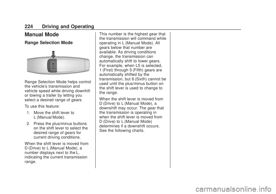 CHEVROLET SILVERADO 1500 2020 Owners Manual Chevrolet Silverado Owner Manual (GMNA-Localizing-U.S./Canada/Mexico-
13337620) - 2020 - CRC - 4/11/19
224 Driving and Operating
Manual Mode
Range Selection Mode
Range Selection Mode helps control
the CHEVROLET SILVERADO 1500 2020 Owners Manual Chevrolet Silverado Owner Manual (GMNA-Localizing-U.S./Canada/Mexico-
13337620) - 2020 - CRC - 4/11/19
224 Driving and Operating
Manual Mode
Range Selection Mode
Range Selection Mode helps control
the