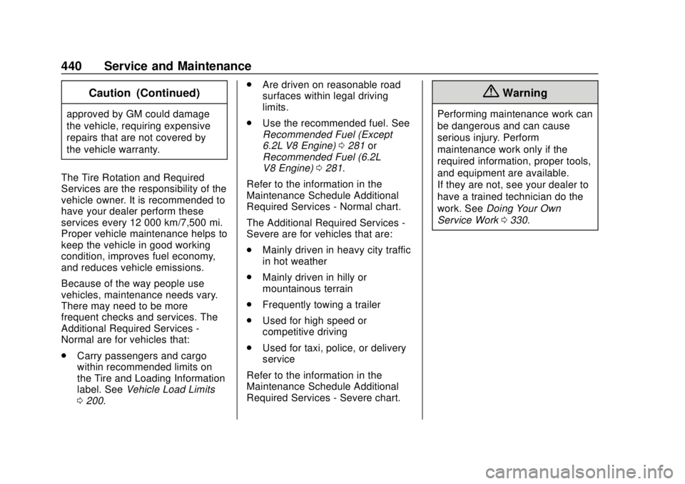 CHEVROLET SILVERADO 1500 2020 Owners Manual Chevrolet Silverado Owner Manual (GMNA-Localizing-U.S./Canada/Mexico-
13337620) - 2020 - CRC - 4/2/19
440 Service and Maintenance
Caution (Continued)
approved by GM could damage
the vehicle, requiring CHEVROLET SILVERADO 1500 2020 Owners Manual Chevrolet Silverado Owner Manual (GMNA-Localizing-U.S./Canada/Mexico-
13337620) - 2020 - CRC - 4/2/19
440 Service and Maintenance
Caution (Continued)
approved by GM could damage
the vehicle, requiring