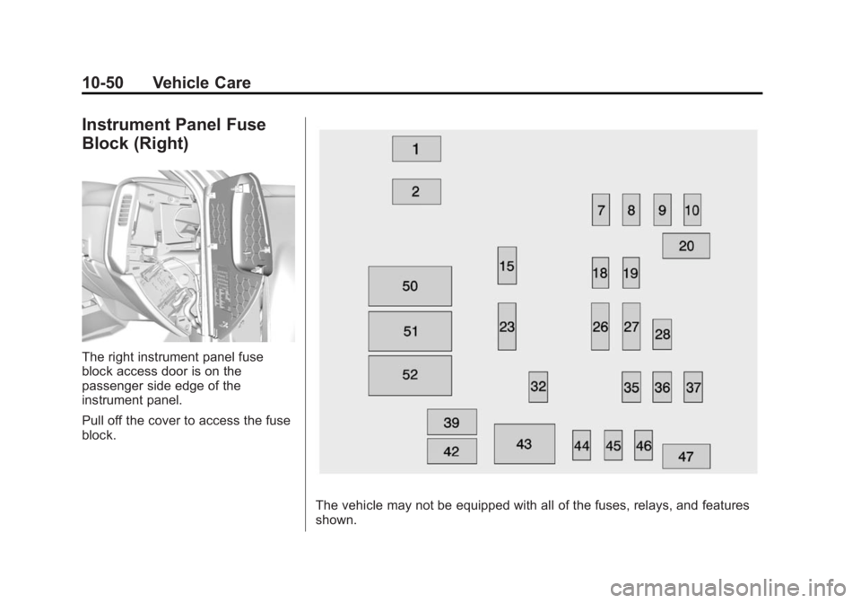 CHEVROLET SILVERADO 1500 2014  Owners Manual Black plate (50,1)Chevrolet Silverado Owner Manual (GMNA-Localizing-U.S./Canada/Mexico-
5853506) - 2014 - CRC 3rd Edition - 8/29/13
10-50 Vehicle Care
Instrument Panel Fuse
Block (Right)
The right ins