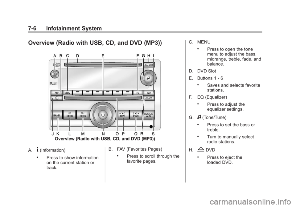 CHEVROLET SILVERADO 1500 2013  Owners Manual Black plate (6,1)Chevrolet Silverado Owner Manual - 2013 - crc2 - 8/13/12
7-6 Infotainment System
Overview (Radio with USB, CD, and DVD (MP3))
Overview (Radio with USB, CD, and DVD (MP3))
A.
4(Informa