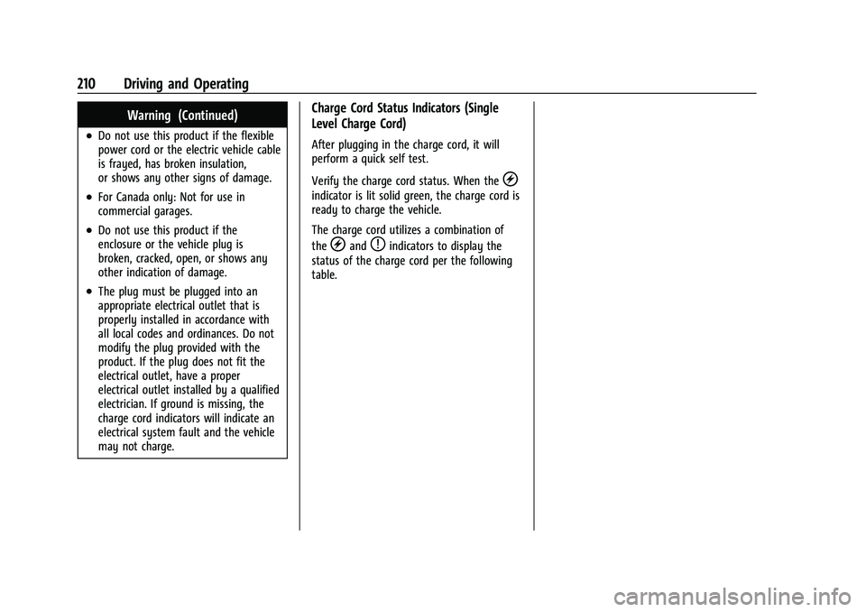 CHEVROLET BOLT EV 2022 Owners Manual Chevrolet BOLT EV Owner Manual (GMNA-Localizing-U.S./Canada-
15082216) - 2022 - CRC - 6/25/21
210 Driving and Operating
Warning (Continued)
.Do not use this product if the flexible
power cord or the e CHEVROLET BOLT EV 2022 Owners Manual Chevrolet BOLT EV Owner Manual (GMNA-Localizing-U.S./Canada-
15082216) - 2022 - CRC - 6/25/21
210 Driving and Operating
Warning (Continued)
.Do not use this product if the flexible
power cord or the e