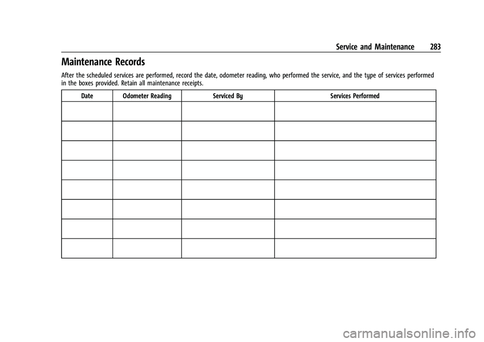 CHEVROLET BOLT EV 2022  Owners Manual Chevrolet BOLT EV Owner Manual (GMNA-Localizing-U.S./Canada-
15082216) - 2022 - CRC - 6/25/21
Service and Maintenance 283
Maintenance Records
After the scheduled services are performed, record the dat