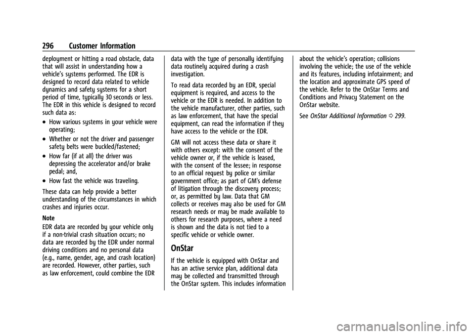 CHEVROLET BOLT EV 2022 Owners Manual Chevrolet BOLT EV Owner Manual (GMNA-Localizing-U.S./Canada-
15082216) - 2022 - CRC - 6/25/21
296 Customer Information
deployment or hitting a road obstacle, data
that will assist in understanding how CHEVROLET BOLT EV 2022 Owners Manual Chevrolet BOLT EV Owner Manual (GMNA-Localizing-U.S./Canada-
15082216) - 2022 - CRC - 6/25/21
296 Customer Information
deployment or hitting a road obstacle, data
that will assist in understanding how