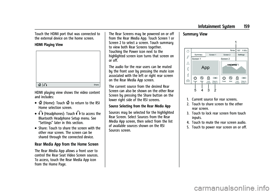 CHEVROLET TAHOE 2023 Owners Manual Chevrolet Tahoe/Suburban Owner Manual (GMNA-Localizing-U.S./Canada/
Mexico-16416971) - 2023 - CRC - 4/26/22
Infotainment System 159
Touch the HDMI port that was connected to
the external device on the CHEVROLET TAHOE 2023 Owners Manual Chevrolet Tahoe/Suburban Owner Manual (GMNA-Localizing-U.S./Canada/
Mexico-16416971) - 2023 - CRC - 4/26/22
Infotainment System 159
Touch the HDMI port that was connected to
the external device on the