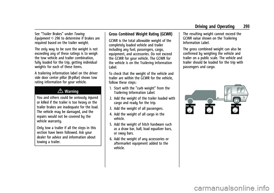 CHEVROLET TAHOE 2023 Owners Manual Chevrolet Tahoe/Suburban Owner Manual (GMNA-Localizing-U.S./Canada/
Mexico-16416971) - 2023 - CRC - 5/16/22
Driving and Operating 293
See“Trailer Brakes” underTowing
Equipment 0296 to determine if CHEVROLET TAHOE 2023 Owners Manual Chevrolet Tahoe/Suburban Owner Manual (GMNA-Localizing-U.S./Canada/
Mexico-16416971) - 2023 - CRC - 5/16/22
Driving and Operating 293
See“Trailer Brakes” underTowing
Equipment 0296 to determine if