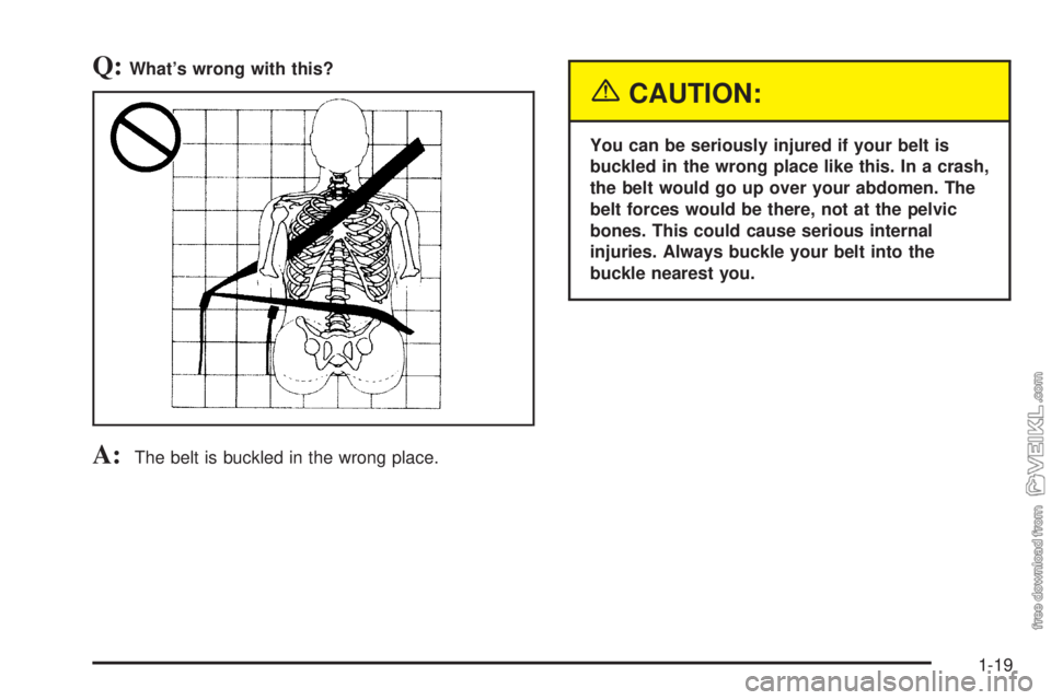 CHEVROLET CLASSIC 2004  Owners Manual Q:What’s wrong with this?
A:The belt is buckled in the wrong place.
{CAUTION:
You can be seriously injured if your belt is
buckled in the wrong place like this. In a crash,
the belt would go up over