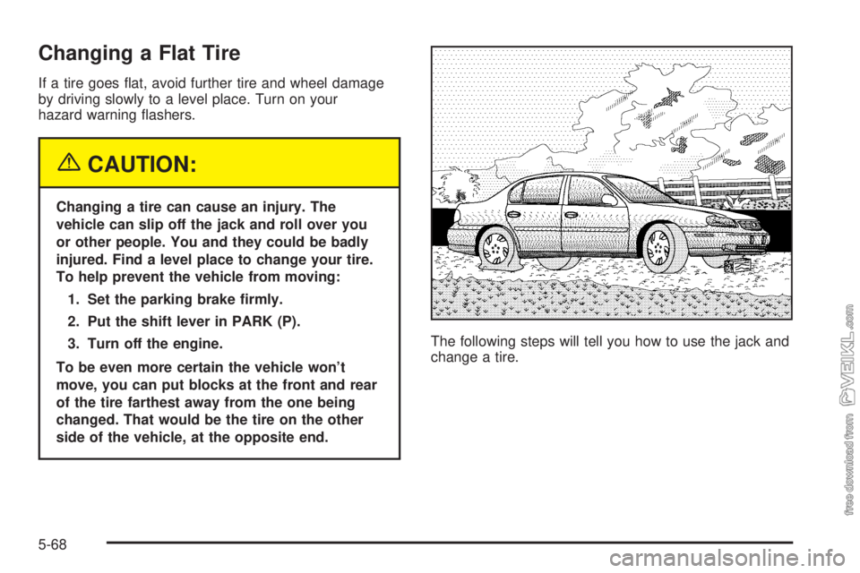 CHEVROLET CLASSIC 2004  Owners Manual Changing a Flat Tire
If a tire goes ﬂat, avoid further tire and wheel damage
by driving slowly to a level place. Turn on your
hazard warning ﬂashers.
{CAUTION:
Changing a tire can cause an injury.
