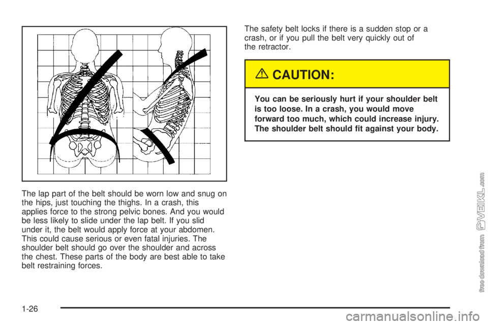 CHEVROLET CLASSIC 2004  Owners Manual The lap part of the belt should be worn low and snug on
the hips, just touching the thighs. In a crash, this
applies force to the strong pelvic bones. And you would
be less likely to slide under the l
