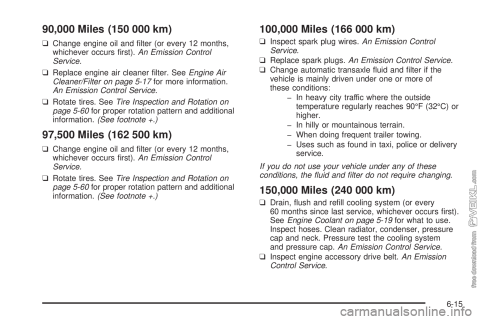 CHEVROLET CLASSIC 2004  Owners Manual 90,000 Miles (150 000 km)
❑Change engine oil and ﬁlter (or every 12 months,
whichever occurs ﬁrst).An Emission Control
Service.
❑Replace engine air cleaner ﬁlter. SeeEngine Air
Cleaner/Filte