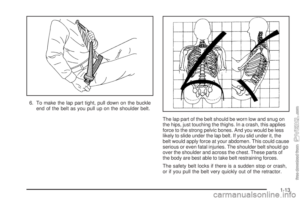 CHEVROLET CLASSIC 2005  Owners Manual 6. To make the lap part tight, pull down on the buckle
end of the belt as you pull up on the shoulder belt.
The lap part of the belt should be worn low and snug on
the hips, just touching the thighs. 