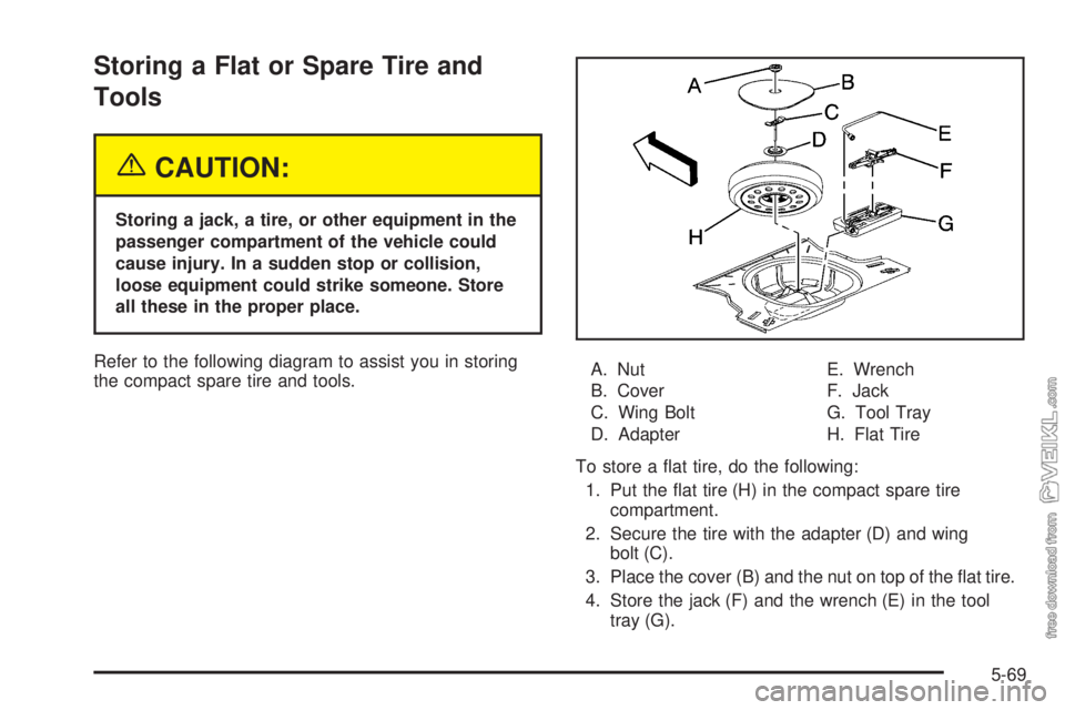 CHEVROLET CLASSIC 2005  Owners Manual Storing a Flat or Spare Tire and
Tools
{CAUTION:
Storing a jack, a tire, or other equipment in the
passenger compartment of the vehicle could
cause injury. In a sudden stop or collision,
loose equipme