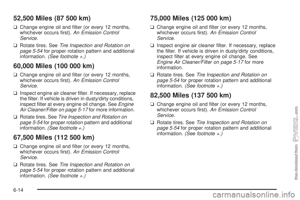 CHEVROLET CLASSIC 2005 Owners Manual 52,500 Miles (87 500 km)
❑Change engine oil and filter (or every 12 months,
whichever occurs first).An Emission Control
Service.
❑Rotate tires. SeeTire Inspection and Rotation on
page 5-54for pr CHEVROLET CLASSIC 2005 Owners Manual 52,500 Miles (87 500 km)
❑Change engine oil and filter (or every 12 months,
whichever occurs first).An Emission Control
Service.
❑Rotate tires. SeeTire Inspection and Rotation on
page 5-54for pr