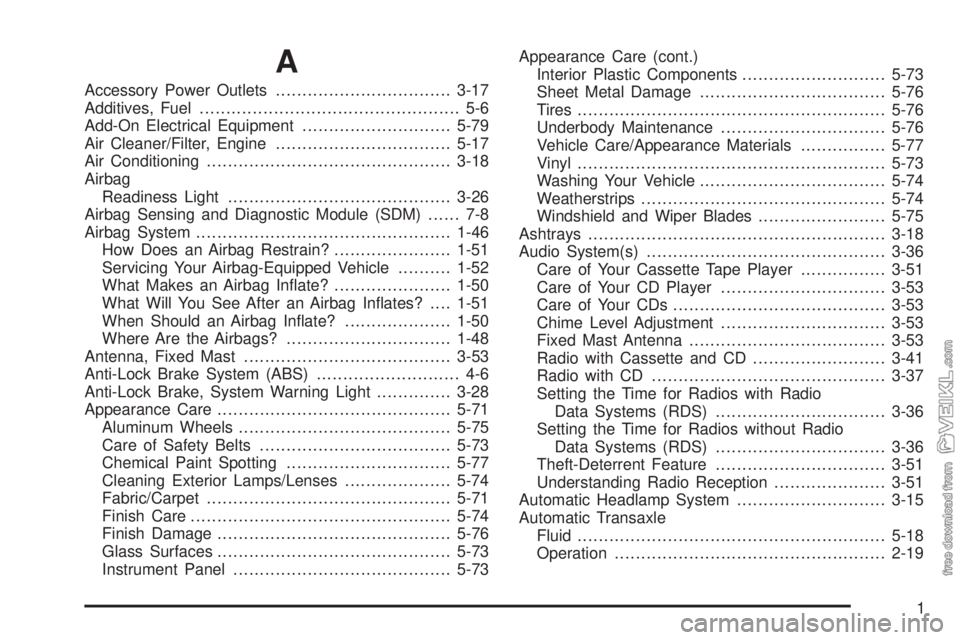 CHEVROLET CLASSIC 2005  Owners Manual A
Accessory Power Outlets.................................3-17
Additives, Fuel................................................. 5-6
Add-On Electrical Equipment............................5-79
Air Clea