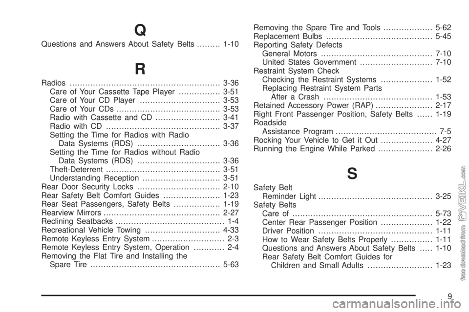 CHEVROLET CLASSIC 2005  Owners Manual Q
Questions and Answers About Safety Belts.........1-10
R
Radios..........................................................3-36
Care of Your Cassette Tape Player................3-51
Care of Your CD Pla