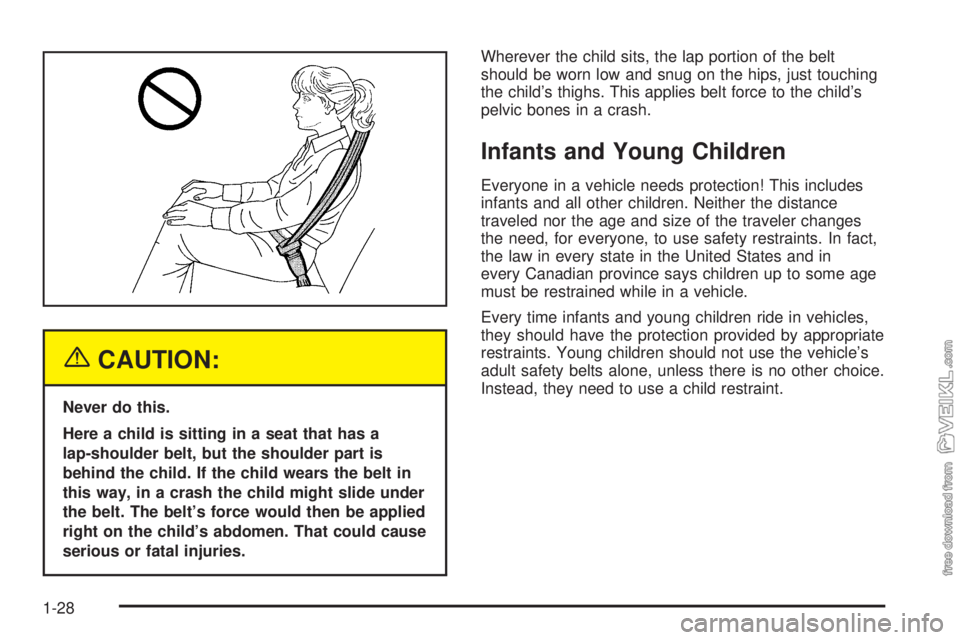 CHEVROLET CLASSIC 2005 Owners Manual {CAUTION:
Never do this.
Here a child is sitting in a seat that has a
lap-shoulder belt, but the shoulder part is
behind the child. If the child wears the belt in
this way, in a crash the child might CHEVROLET CLASSIC 2005 Owners Manual {CAUTION:
Never do this.
Here a child is sitting in a seat that has a
lap-shoulder belt, but the shoulder part is
behind the child. If the child wears the belt in
this way, in a crash the child might